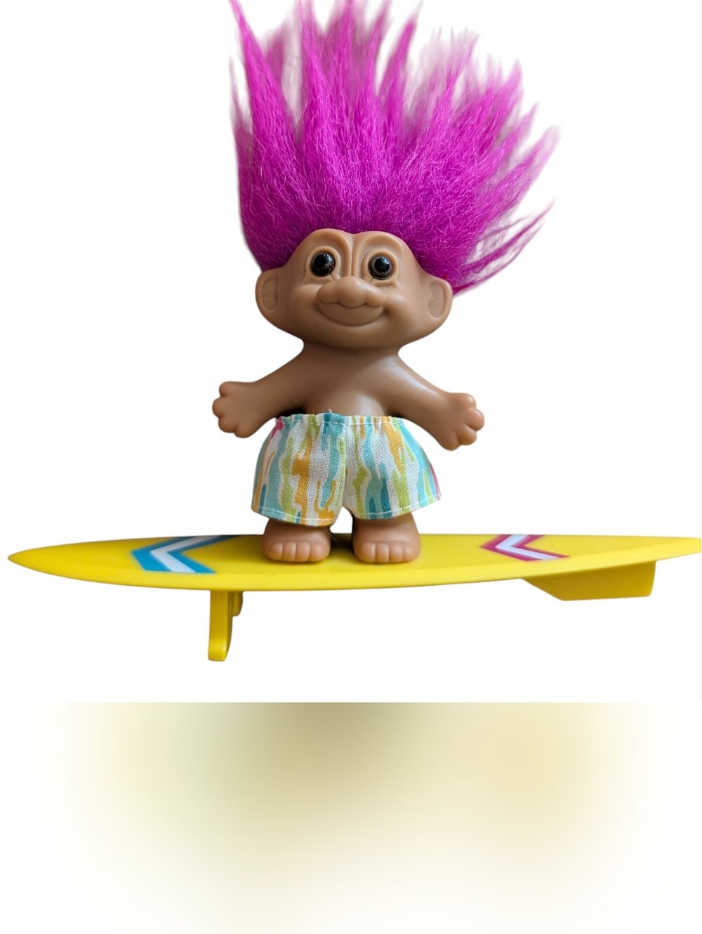 Vintage 90s Russ Berrie Surfer Troll Doll with Yellow Surfboard Magenta Hair